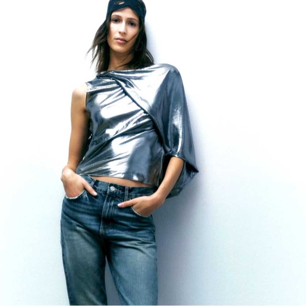 Zara asymmetric metallic top, fluid metal effect, Silver, size Medium